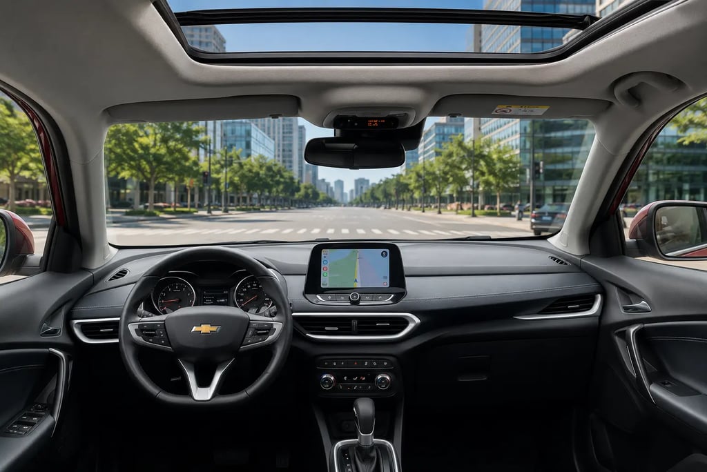 Interior da Tracker Premier 2025 com teto solar panorâmico e central multimídia