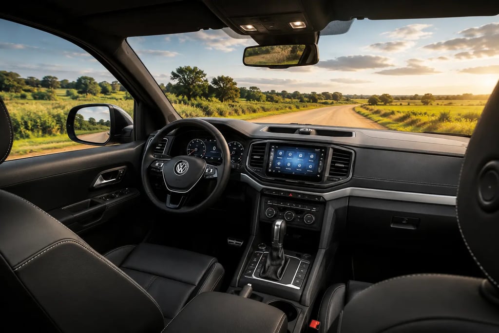 Interior da Volkswagen Amarok V6 com painel moderno e vista para estrada rural