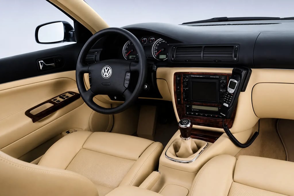 Interior do Volkswagen Passat W8 com bancos em couro e câmbio manual
