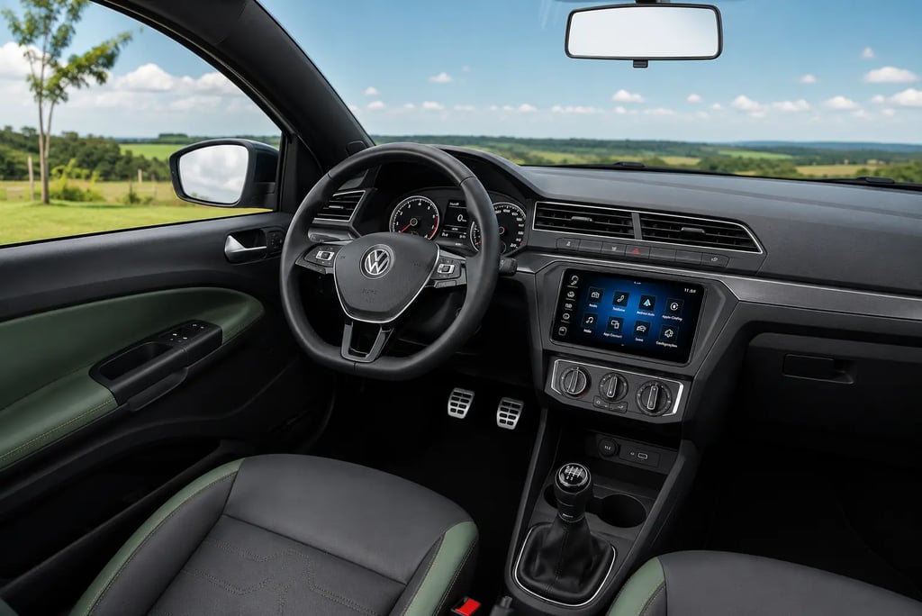 Interior da Volkswagen Saveiro Trendline com painel multimídia e câmbio manual
