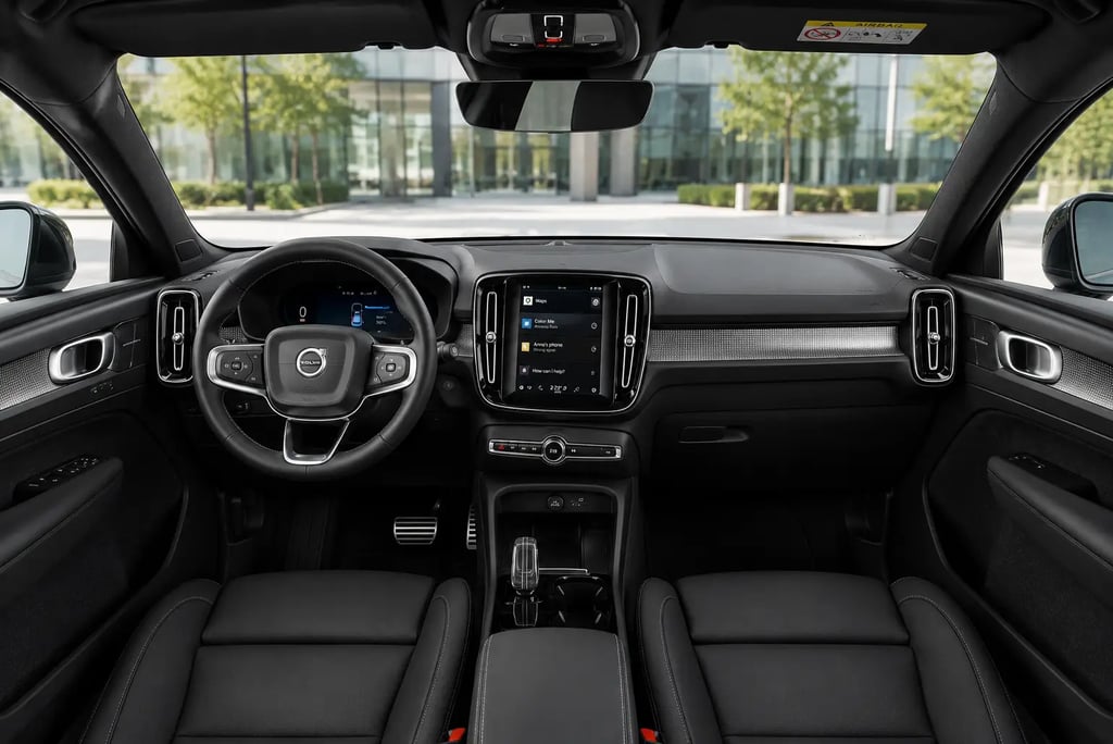 Interior do Volvo XC40 Recharge elétrico com painel digital e central multimídia