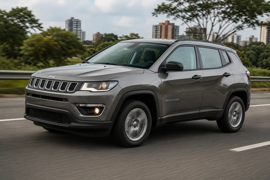 Jeep Compass cinza em movimento na rodovia