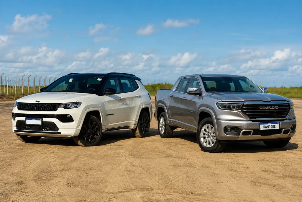Jeep Compass e Ram Rampage lado a lado em cenário externo destacando a mesma plataforma.