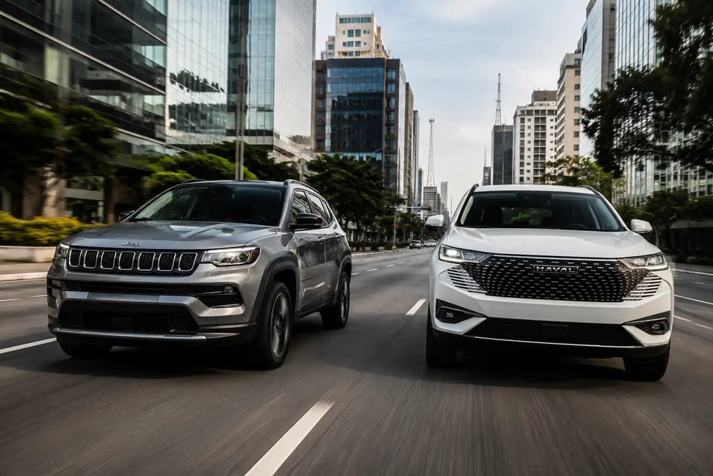Jeep Compass Longitude e GWM Haval H6 HEV lado a lado em avenida urbana