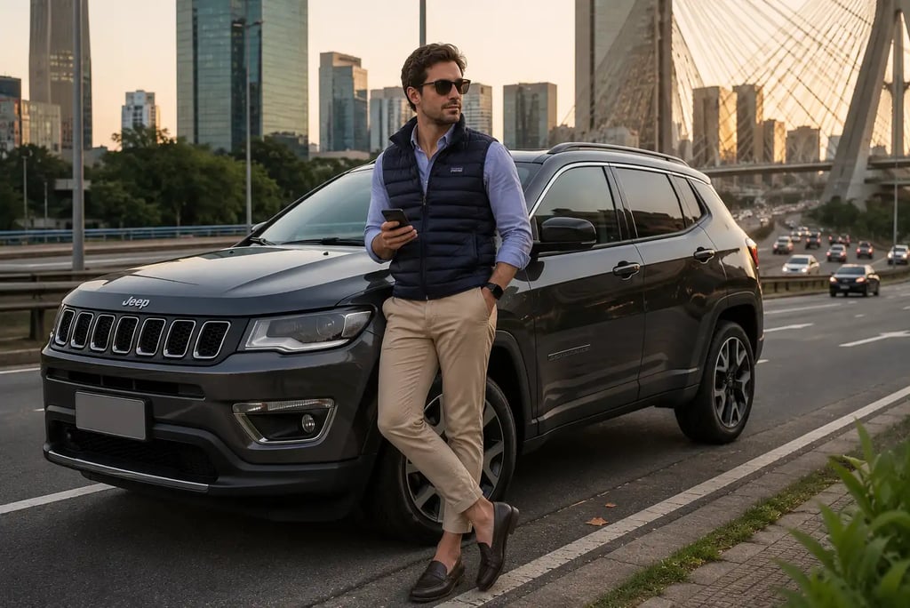 Executivo ao lado de um Jeep Compass em avenida cercada por prédios modernos.