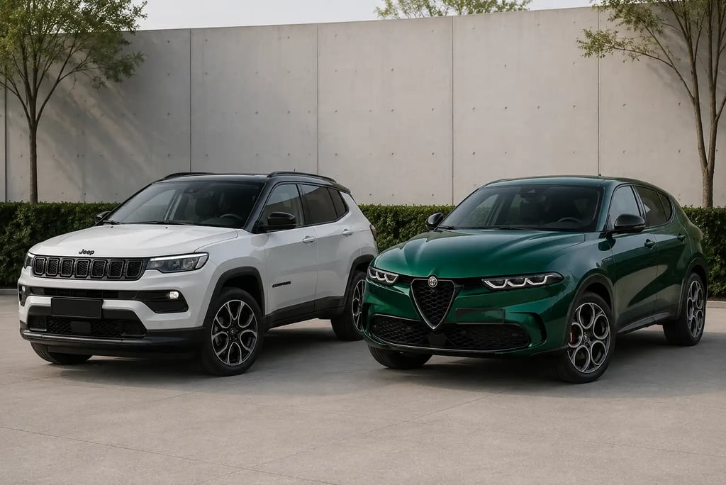 Jeep Compass e Alfa Romeo Tonale lado a lado em showroom externo