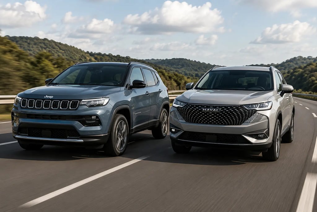 Jeep Compass e Haval H6 em movimento lado a lado em uma rodovia
