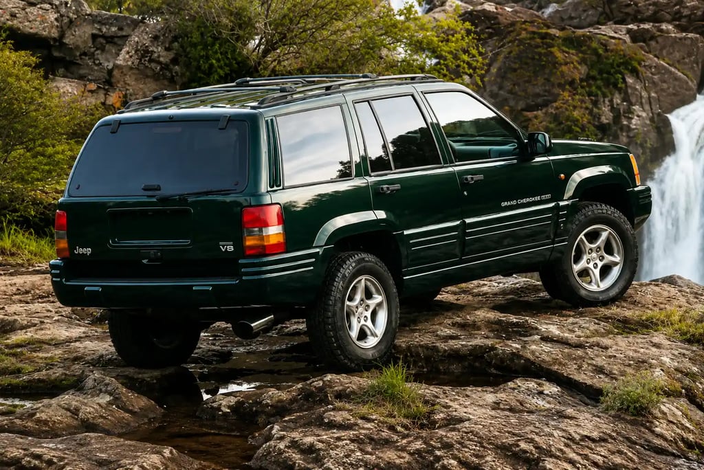 eep Grand Cherokee 5.9 Limited verde em terreno rochoso próximo a cachoeira