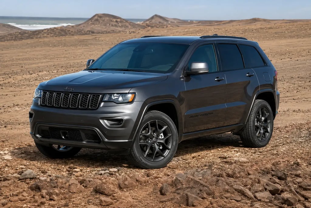 Jeep Grand Cherokee cinza estacionado em terreno rochoso no deserto