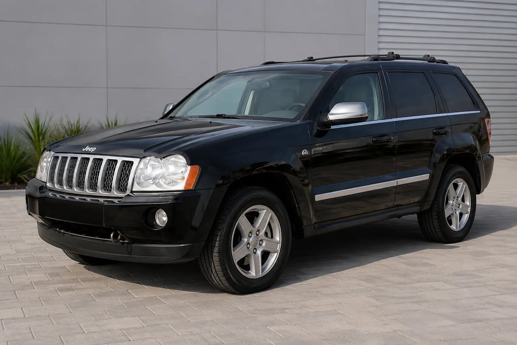 Jeep Grand Cherokee V8 preta em showroom externo com visual sofisticado.