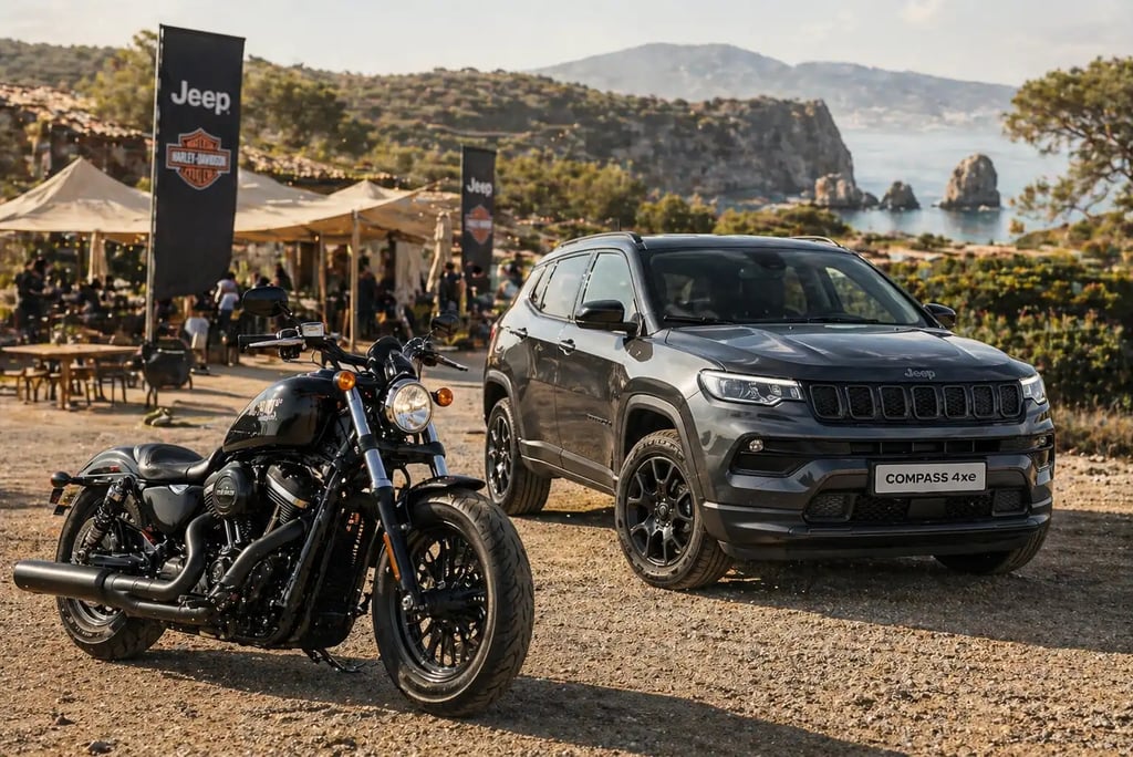 SUV Jeep e motocicleta Harley-Davidson em evento europeu ao ar livre com vista para o mar