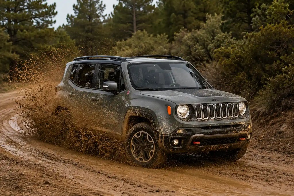Jeep Renegade Diesel 4x4 fazendo curva em trilha com lama
