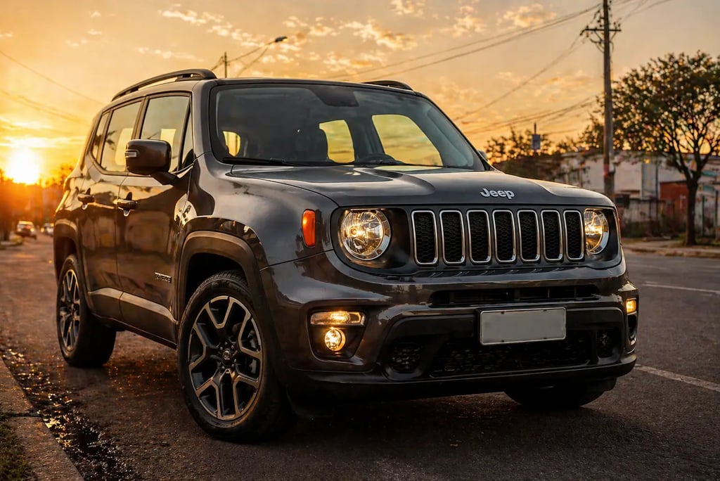 Jeep Renegade em cenário urbano ao entardecer com iluminação dramática destacando SUV no Brasil