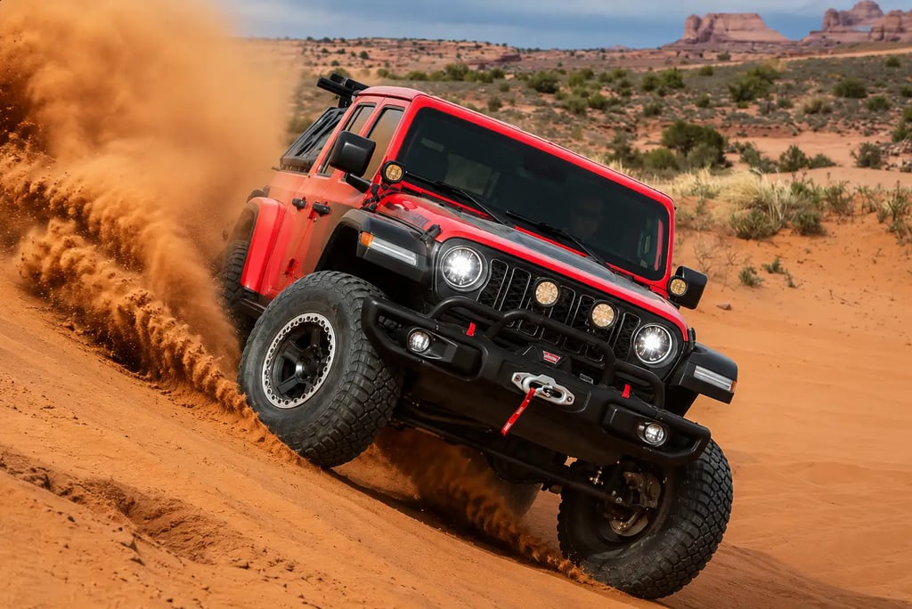 Jeep Wrangler vermelho acelerando em duna com visual off-road extremo.