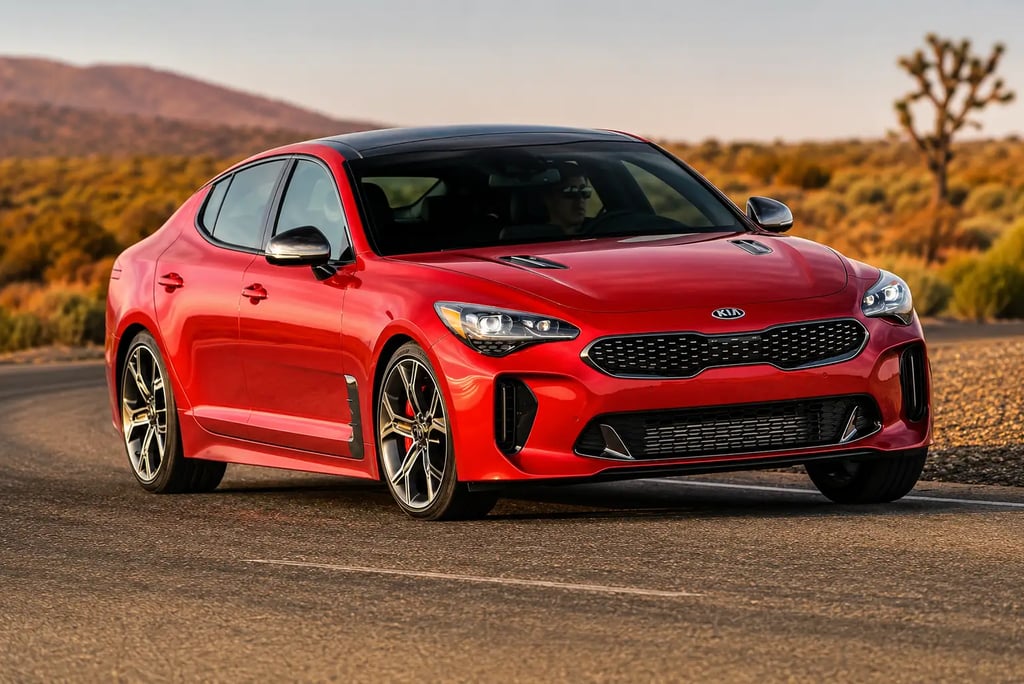 Kia Stinger GT vermelho rodando em estrada desértica ao entardecer.