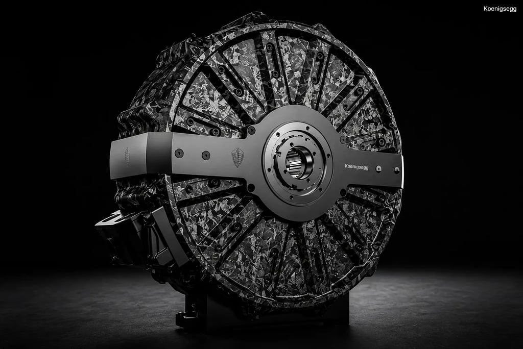 Motor elétrico Dark Matter da Koenigsegg com design futurista e estrutura compacta em estúdio escuro