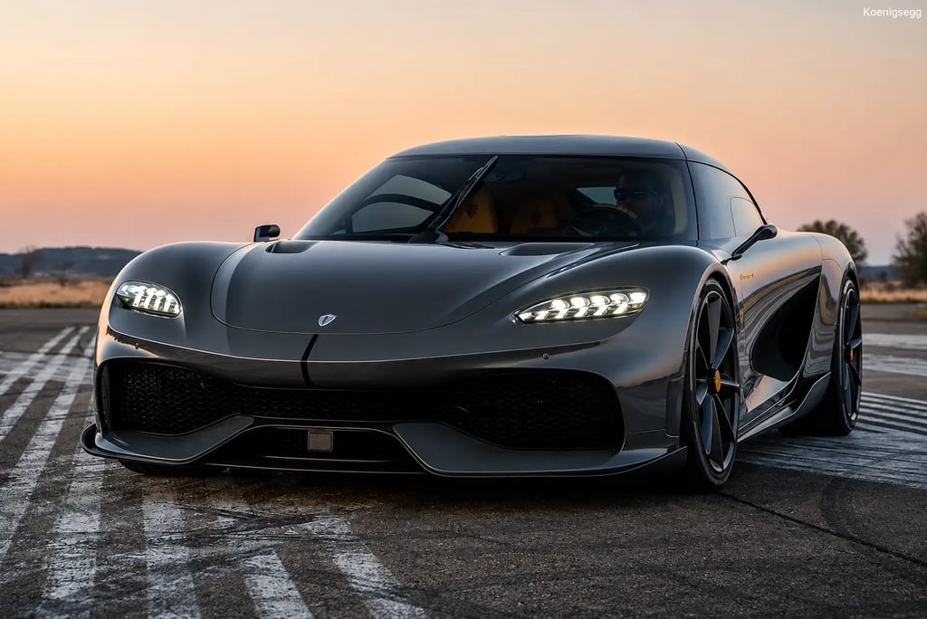 Koenigsegg Gemera cinza estacionado em pista ao pôr do sol com visual futurista e faróis acesos