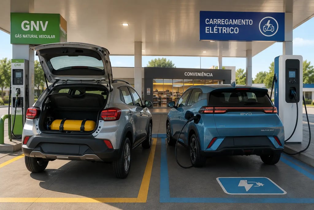 Renault Kwid com kit GNV e BYD Dolphin Mini em área de abastecimento e recarga elétrica