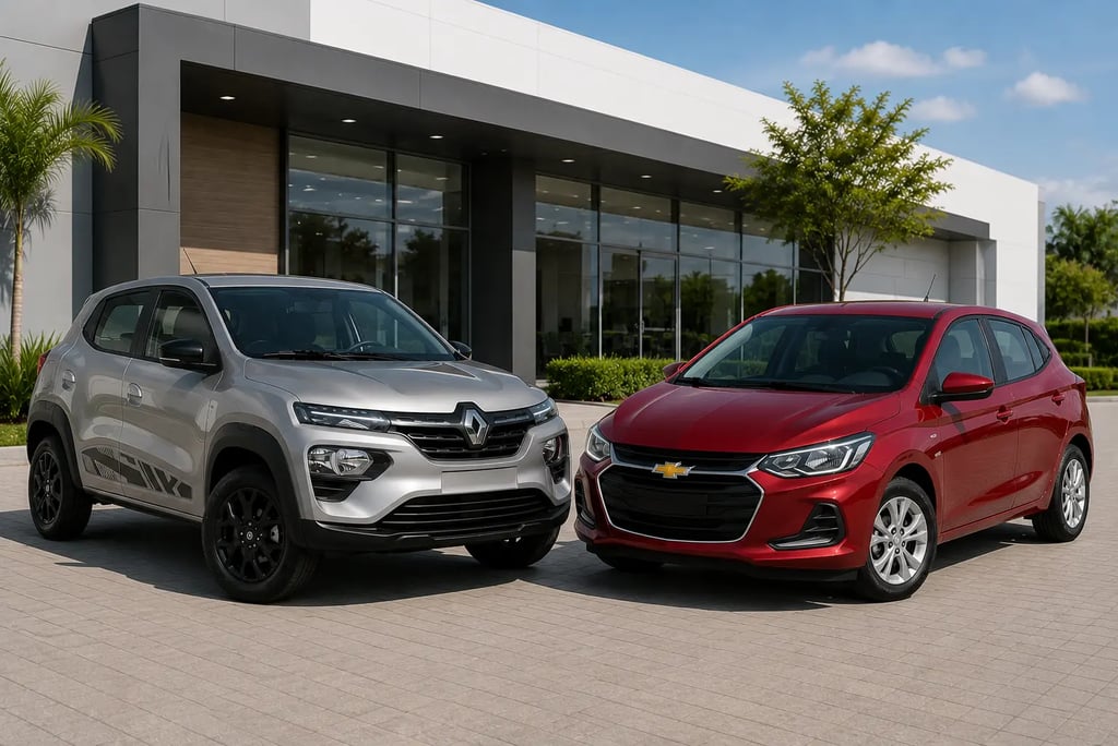Renault Kwid e Chevrolet Onix lado a lado em showroom externo moderno