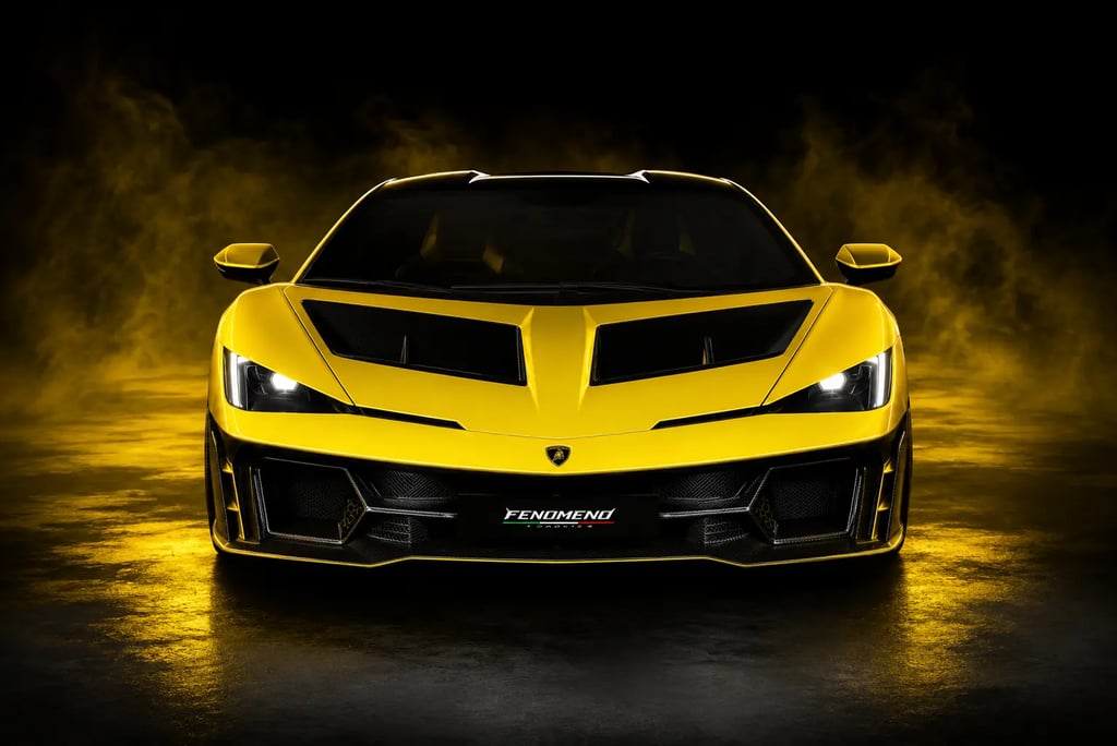 Novo Lamborghini Fenomeno Roadster amarelo de 1.065 cv em estúdio escuro