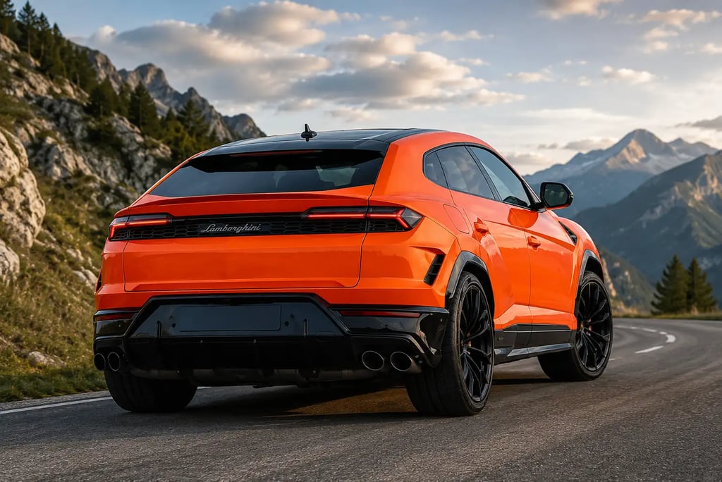 Traseira do novo Lamborghini Urus laranja em estrada de montanha