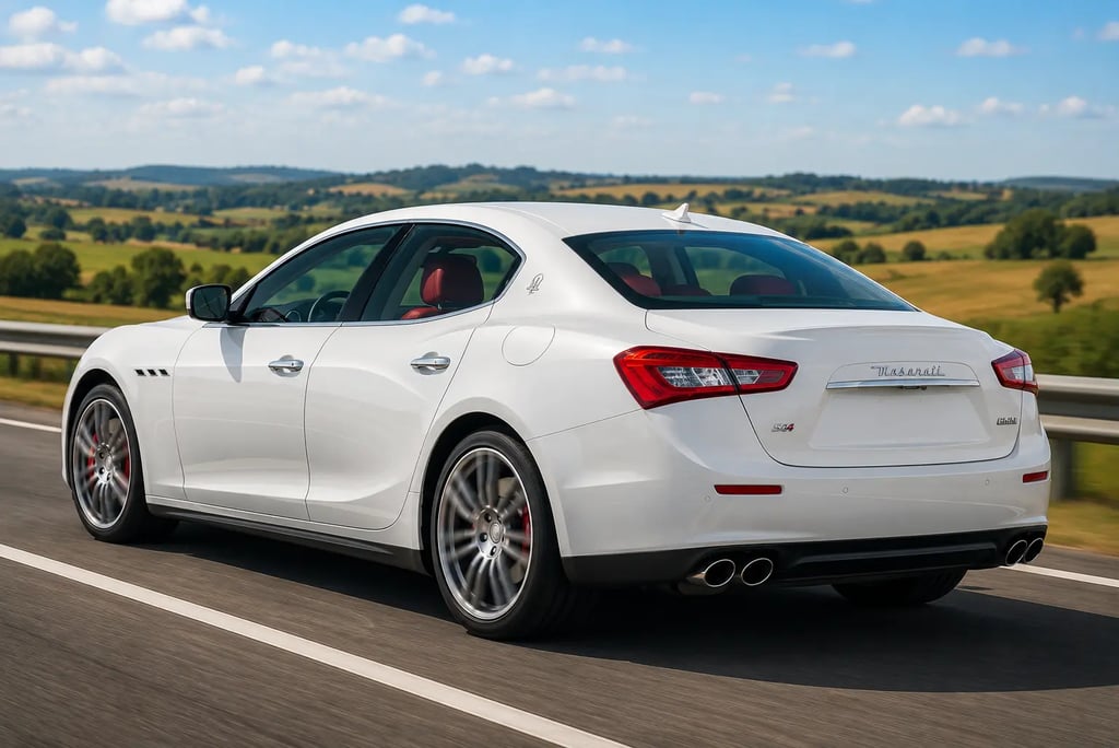 Maserati Ghibli branco em rodovia com campo ao fundo visto em ângulo traseiro esportivo