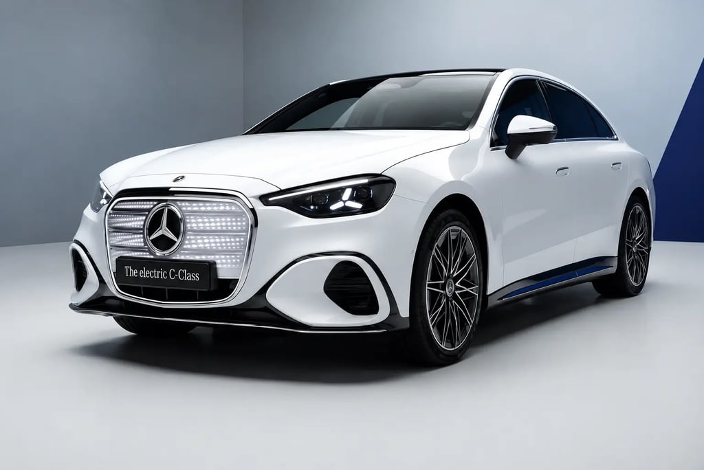 Mercedes Classe C elétrico branco em estúdio com design futurista, grade iluminada
