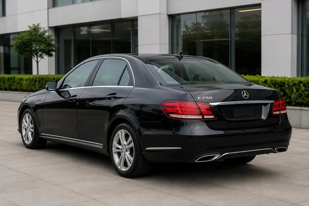 Traseira da Mercedes E250 em ângulo lateral destaca visual elegante e executivo