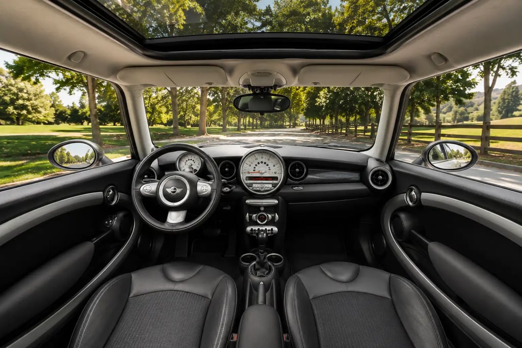Interior de Mini Cooper com teto solar e vista para área verde ao fundo.