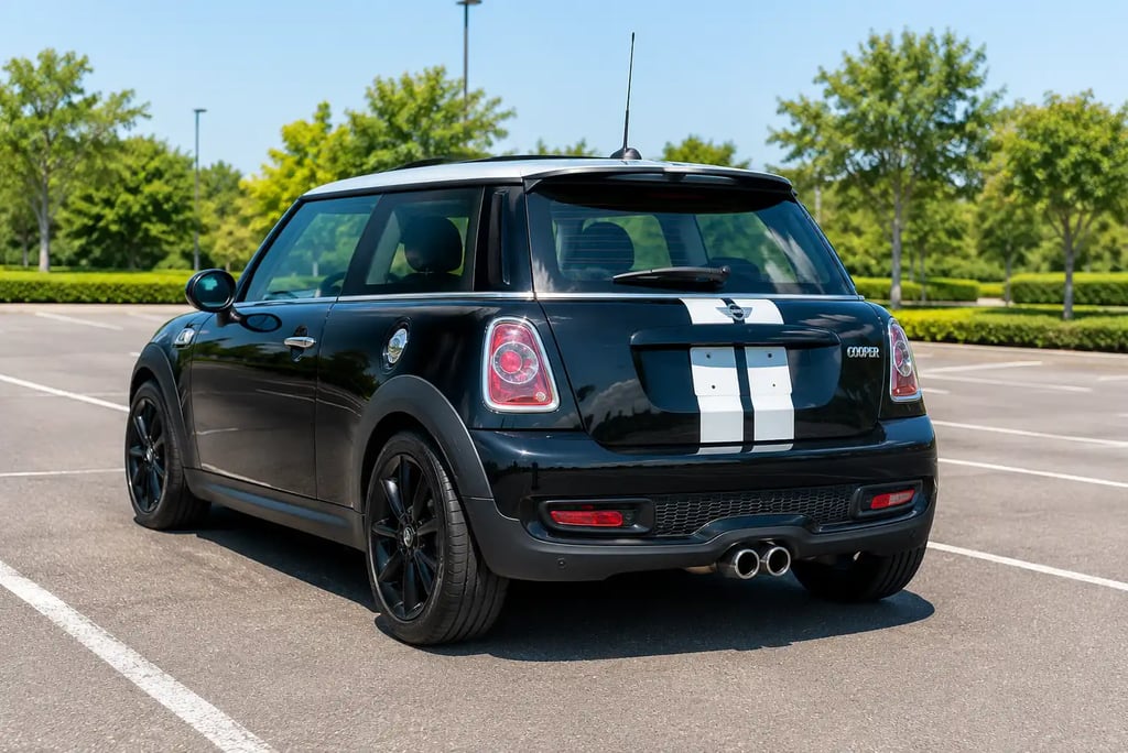 Mini Cooper preto estacionado em área aberta de asfalto sob céu ensolarado.