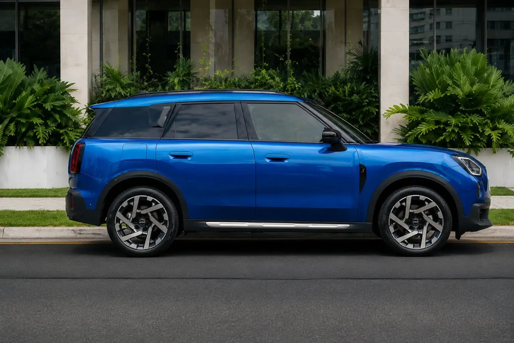 MINI Countryman azul em perfil lateral estacionado diante de prédio moderno