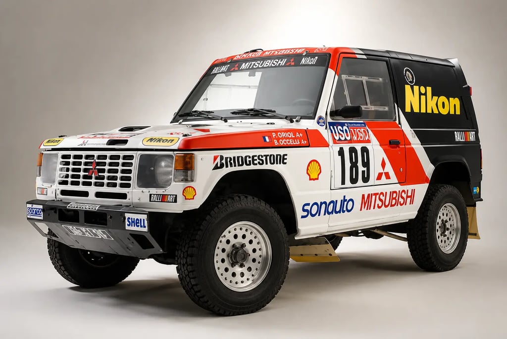 Mitsubishi Pajero de rali exibe visual clássico usado em competições off-road