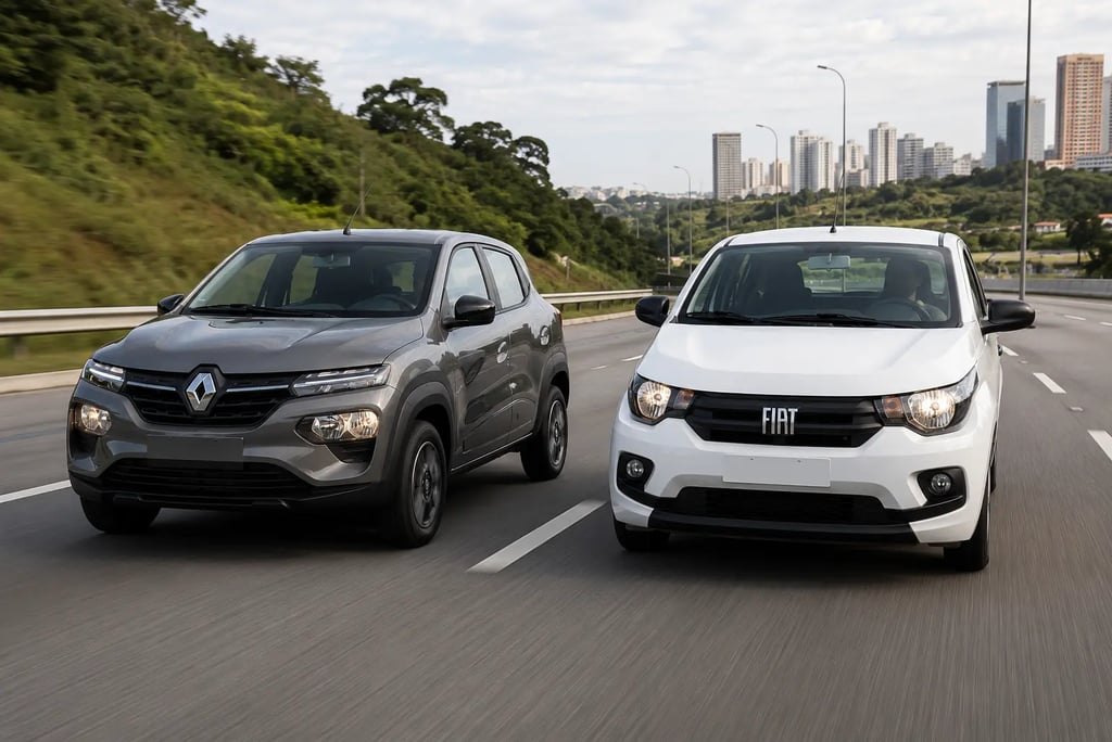 Renault Kwid e Fiat Mobi 2026 em movimento lado a lado na rodovia