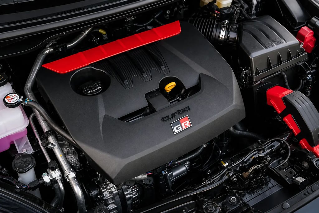 Motor Toyota 1.6 turbo 3 cilindros GR com detalhes de alta performance e engenharia