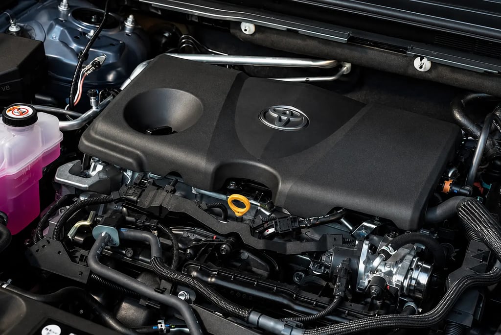 Motor híbrido da Toyota com acabamento preto e componentes mecânicos visíveis no cofre do motor