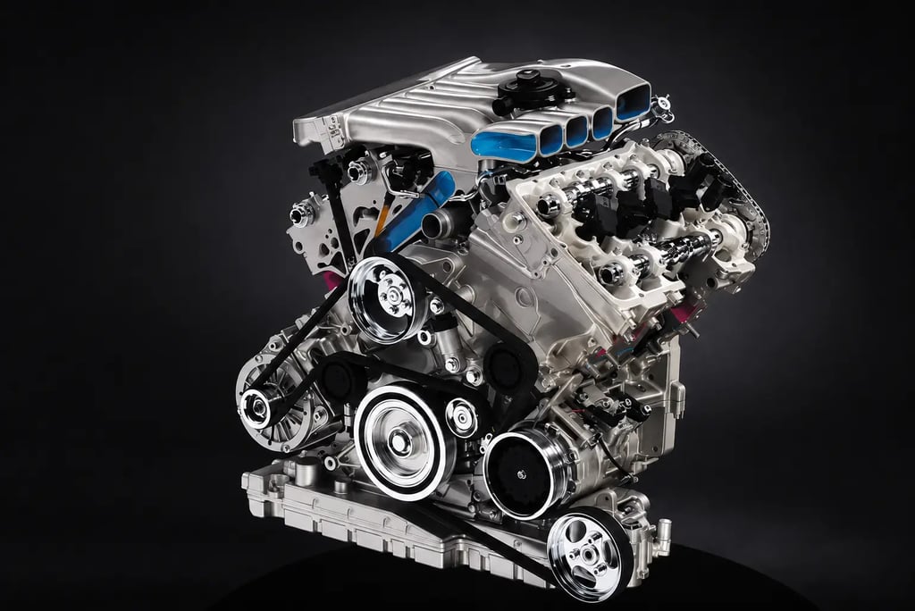 Motor W8 da Volkswagen em imagem de estúdio com fundo escuro