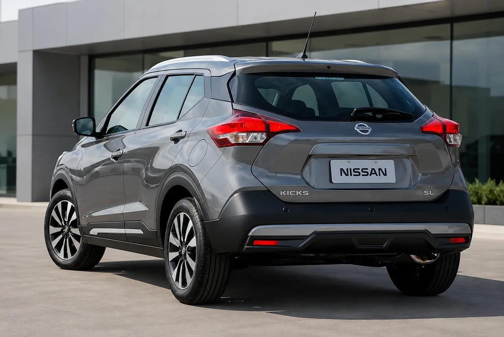 Nissan Kicks 2017 visto de traseira 3/4 em showroom externo com iluminação natural.