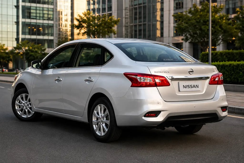 Nissan Sentra 2017 visto pela traseira em ângulo 3/4 com fundo urbano moderno