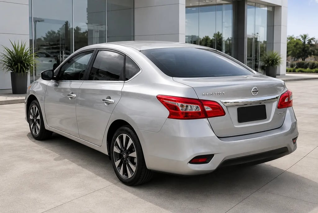 Traseira do Nissan Sentra 2019 em showroom externo com iluminação natural