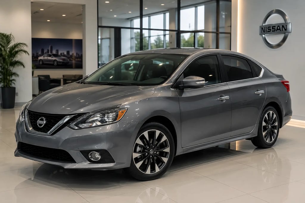 Nissan Sentra cinza exibido em showroom moderno sem placa dianteira.