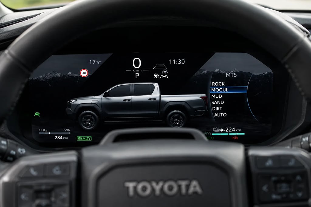 Painel digital da nova Hilux elétrica com modos de terreno e autonomia exibida