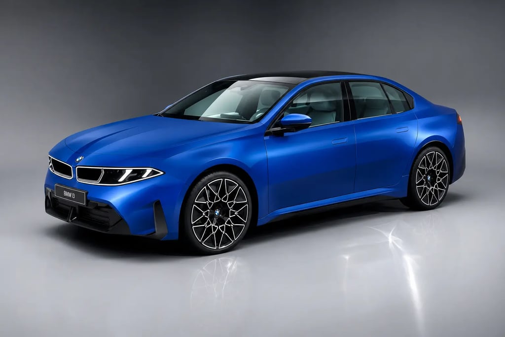BMW i3 elétrico azul em estúdio com visual esportivo, rodas grandes e design futurista moderno