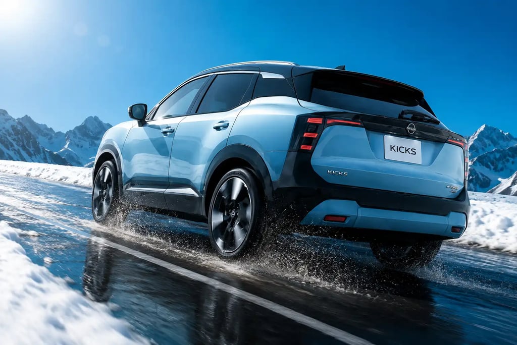 Novo Nissan Kicks e-POWER 4x4 em estrada nevada com tração integral em destaque