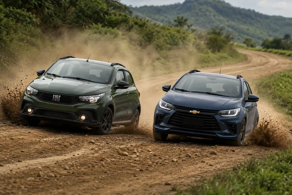 Onix Activ e Argo Trekking fazem curva em estrada de terra levantando poeira