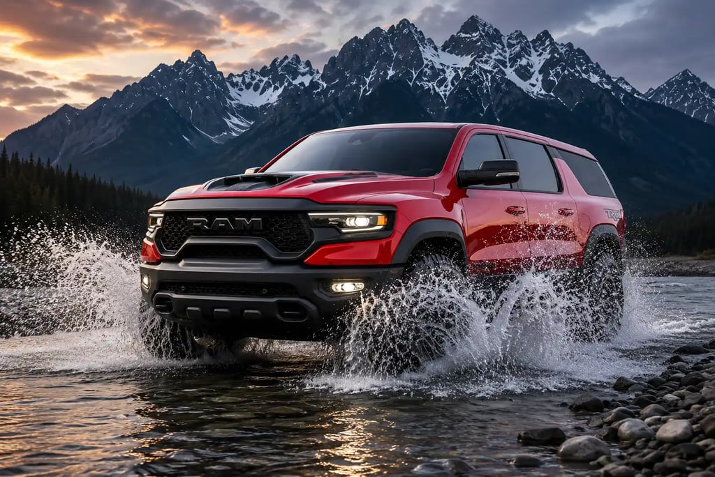 Novo Ramcharger V8 atravessando rio com montanhas ao fundo em cenário off-road