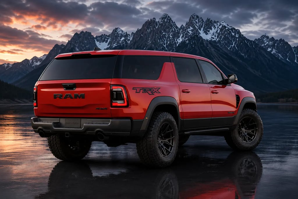 Traseira do novo Ramcharger V8 com visual esportivo diante de montanhas ao entardecer