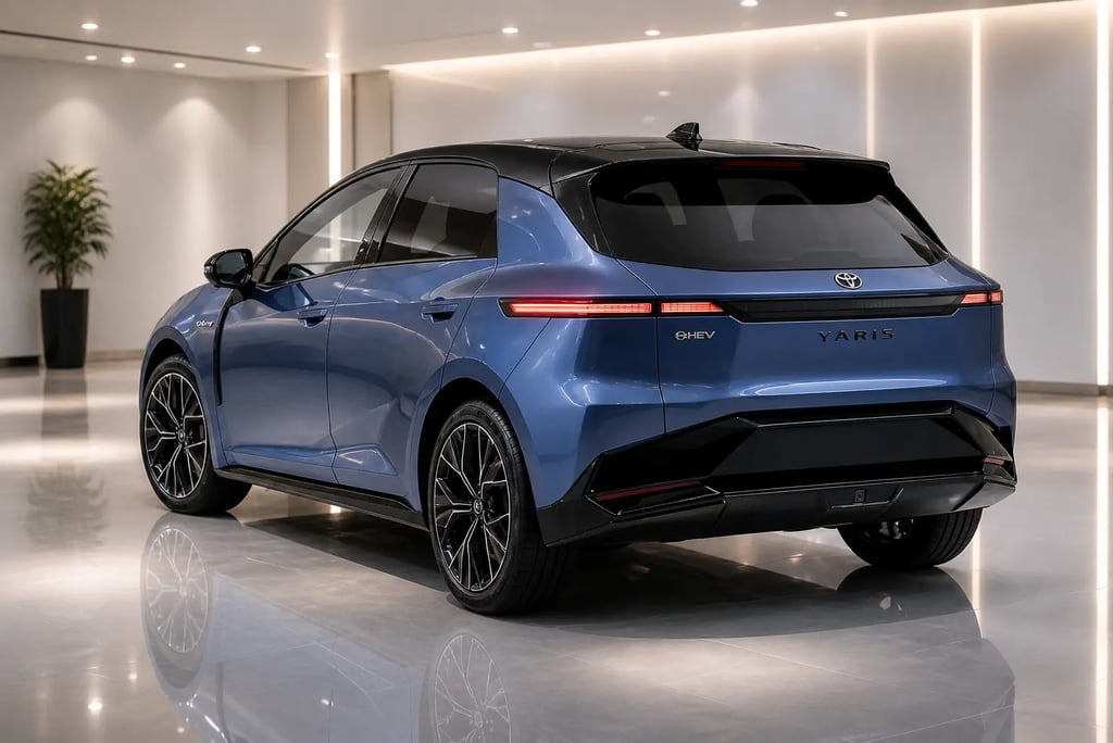 Toyota Yaris 2028 conceito traseira em showroom com design moderno híbrido e elétrico