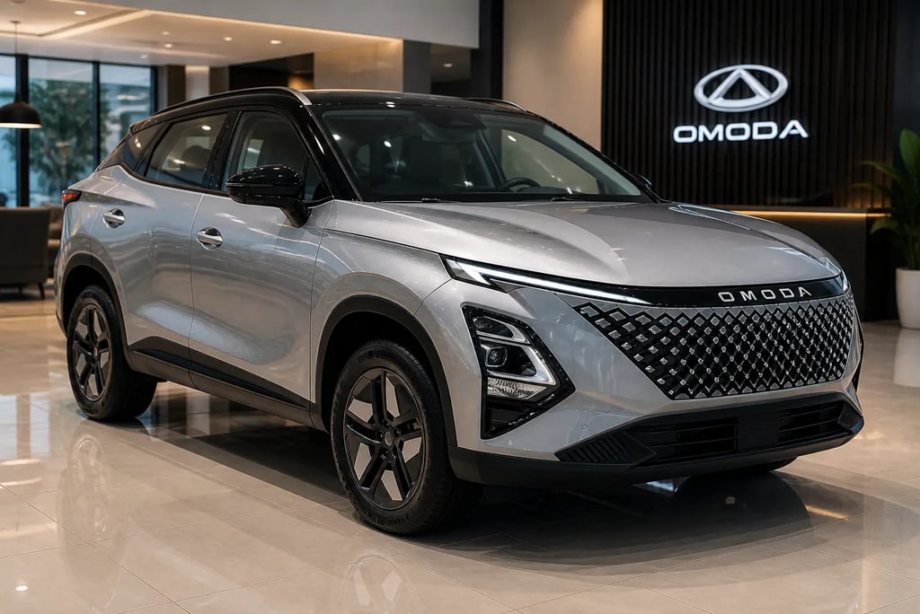 suv omoda em showroom moderno com design inspirado em tecnologia tesla e durabilidade toyota