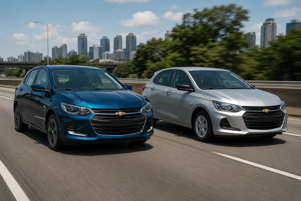 Chevrolet Onix Premier e Onix básico lado a lado em movimento na rodovia