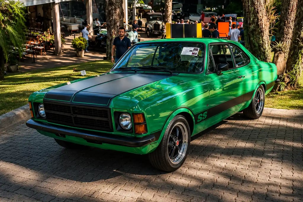 Chevrolet Opala SS verde restaurado em exposição com visual clássico e rodas esportivas.